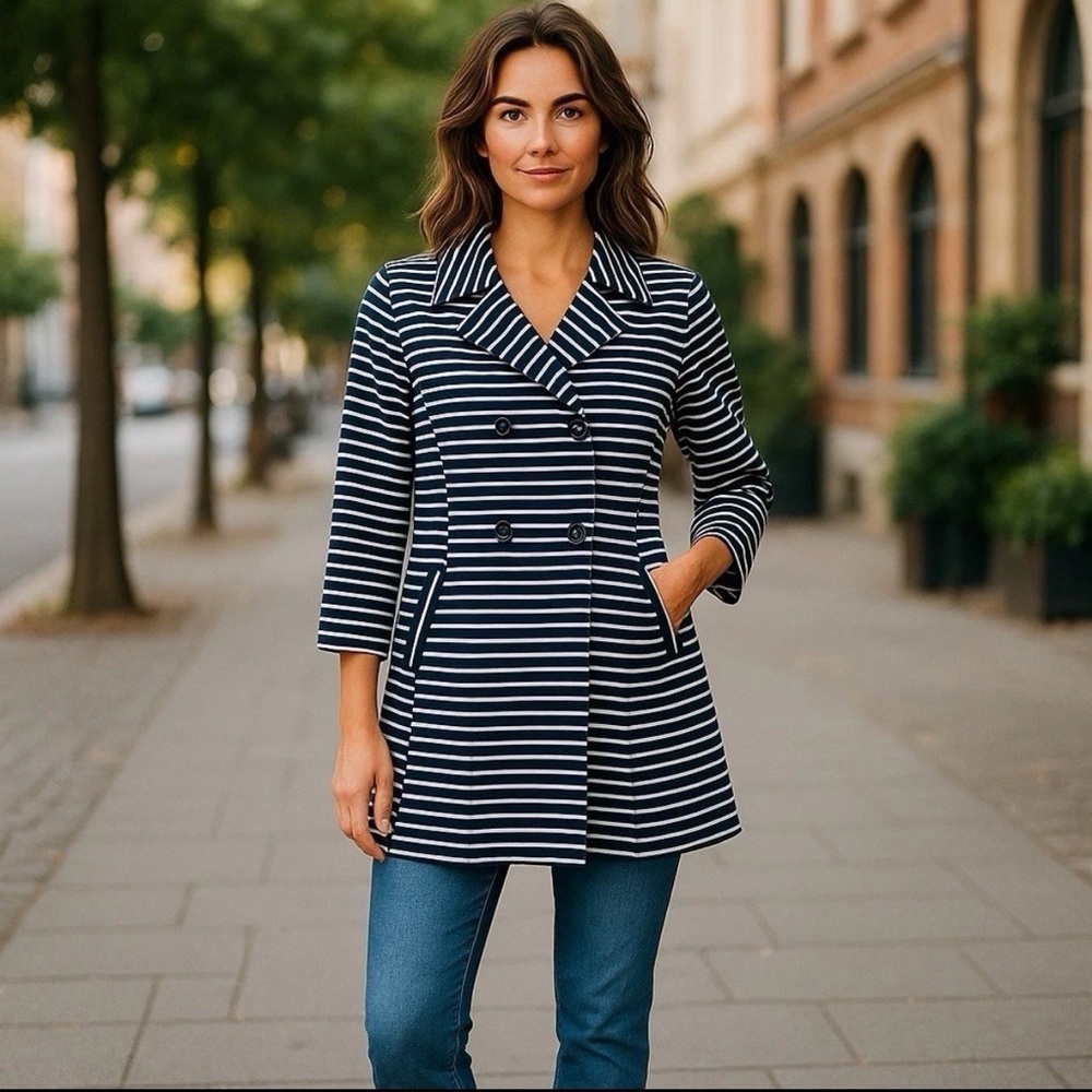 CAbi Maritime striped knit Collared trench Women’s Jacket NWOT Sz M Rn54077 5151